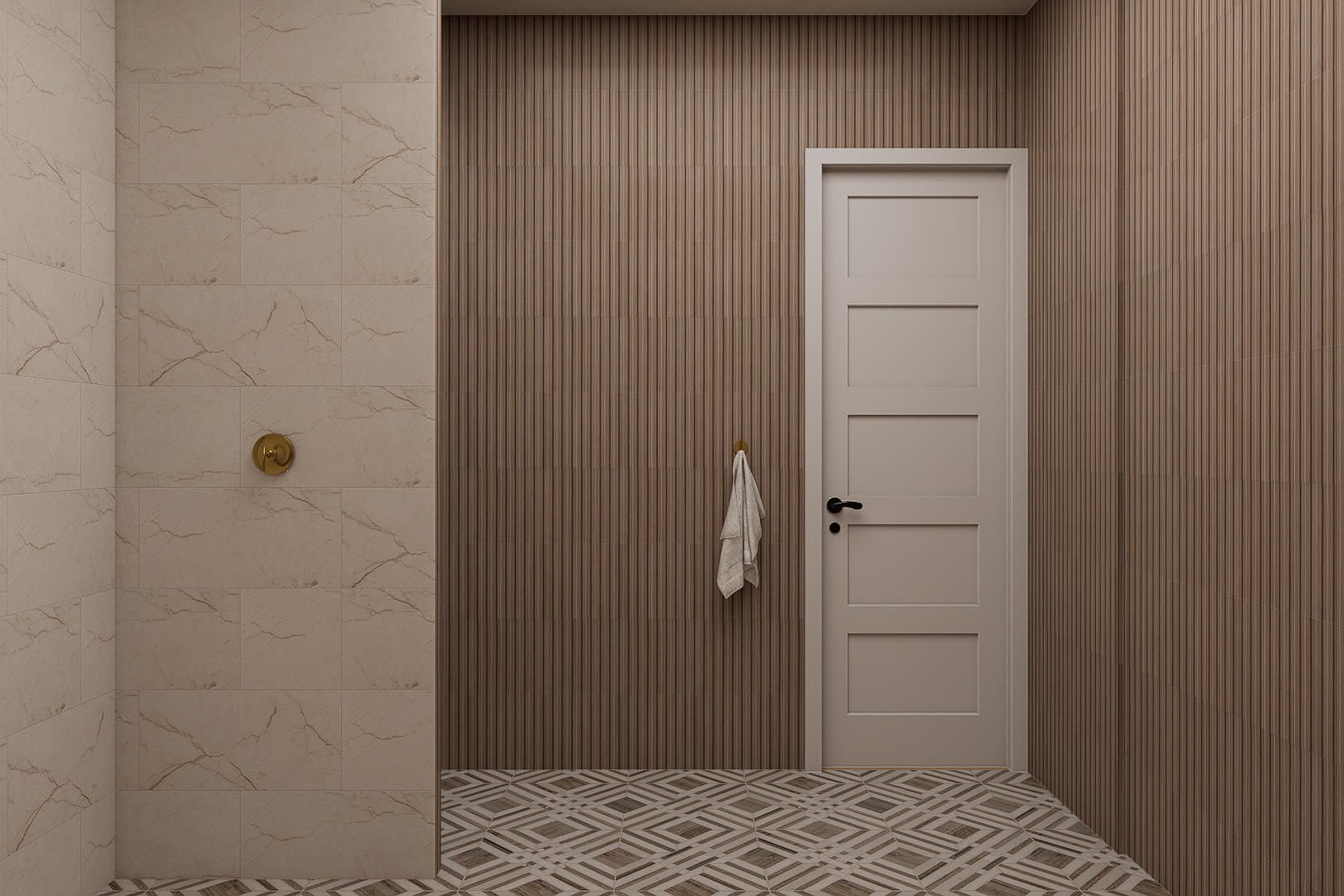 Basement guest bath walk-through rendering